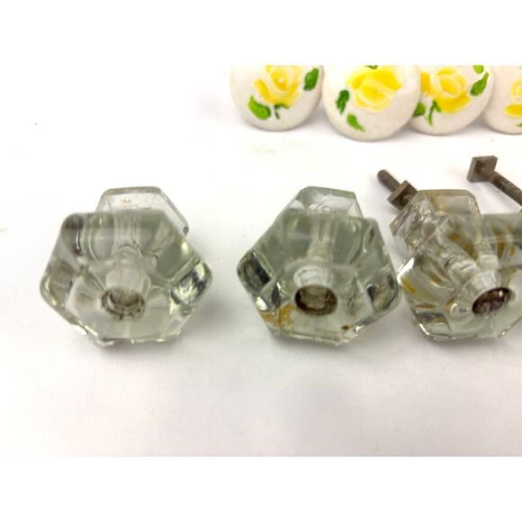 Vintage Lot of 20 Ceramic Glass Cabinet Pull Knobs Yellow Floral Clear Faceted - Picture 4 of 16